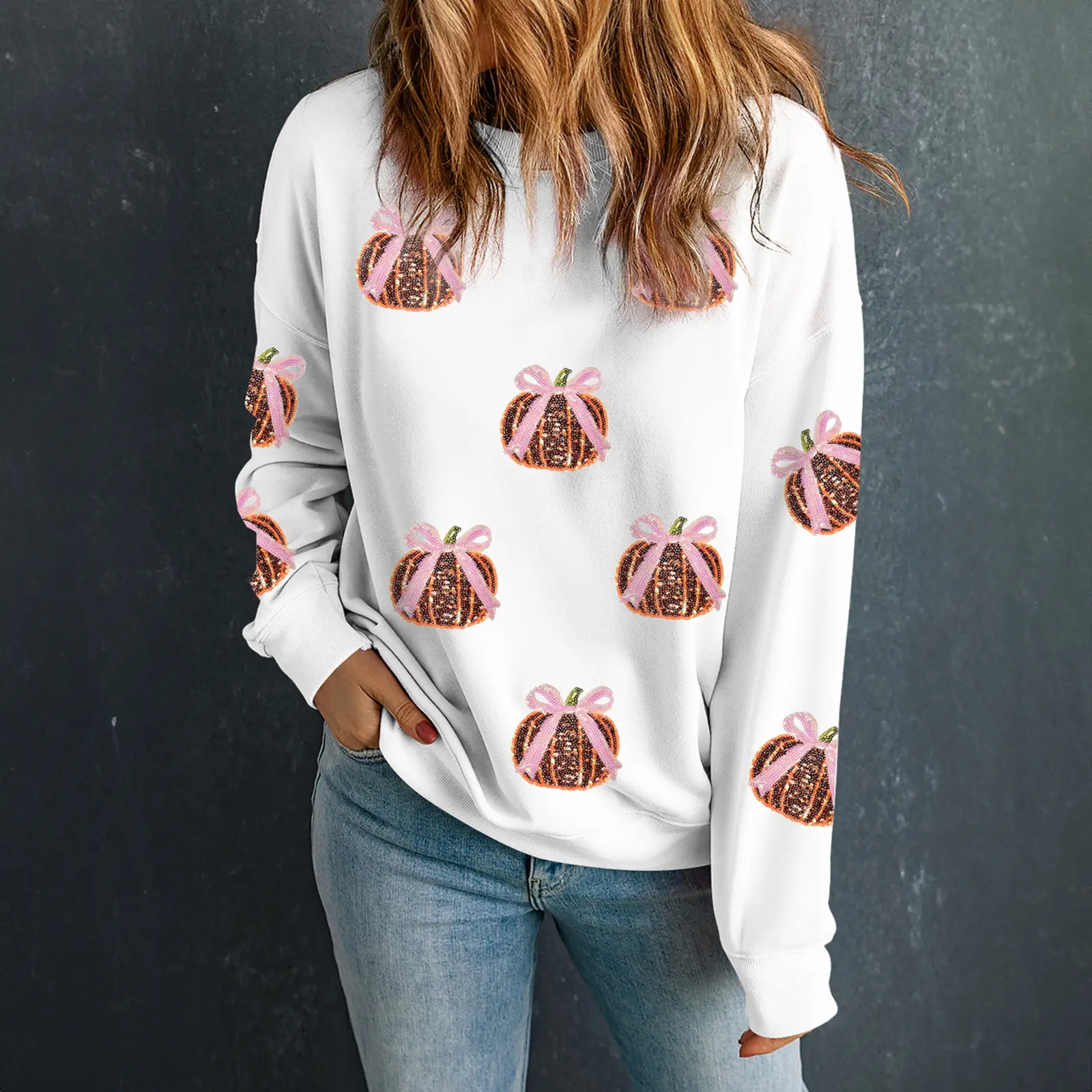Women’s White Sequin Bow Pumpkin Patched Cotton Blend Baggy Sweatshirt