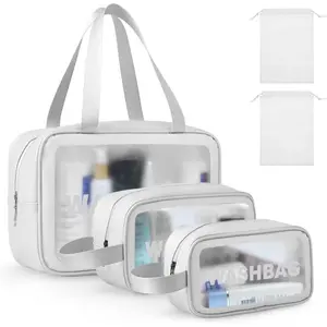 3 pieces transparent toiletry bag set, equipped with 2 pieces drawstring storage bag, waterproof travel makeup bag, large capacity, sturdy and leak proof