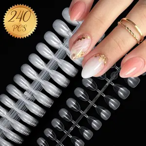 DIY Friendly Acrylic Nail Kit - 240pcs Short Transparent Press On Nails, Soft Gel Fake Nails with Half Matte Finish, Christmas Gift Ready