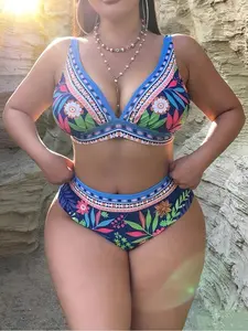 Plus Size High Waisted Bikini Set Tummy Control Swimsuit Two Piece Bathing Suit