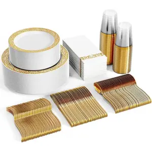 Gold/Silver/Black/White/Rose 175 or 350pc set  Disposable Plates and Tableware Set: : Dinner Plates,Dessert Plates,Cups,Napkins,,Forks,Fpoons-for Luxury Party Reusable|
