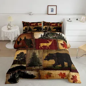 Feelyou Patchwork Rustic Cabin Comforter Set - Woodland Animal Deer Bear Decorative Bedroom Bedding Set, Farmhouse Lodge Quilt, Unisex Bedding for Men Women