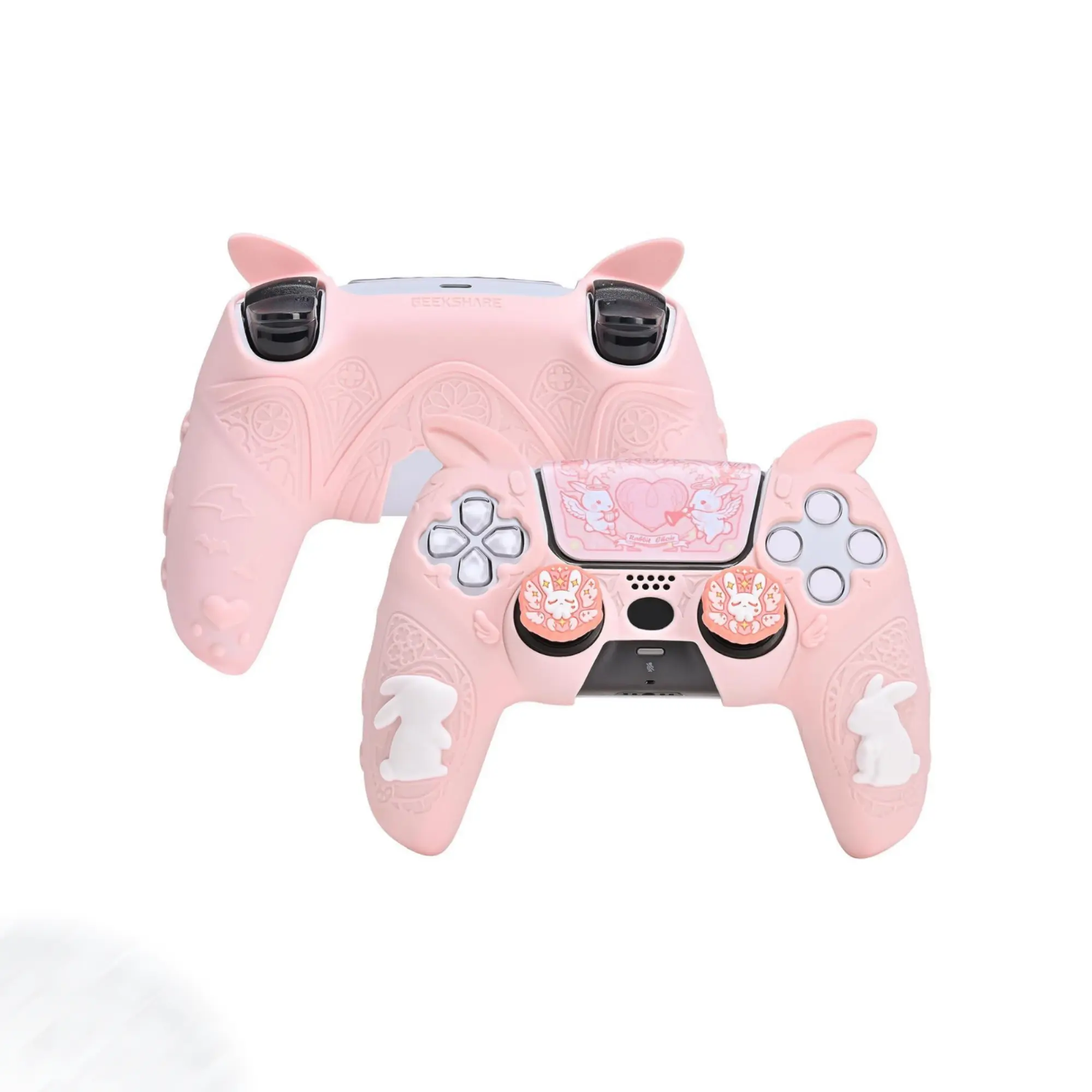 GeekShare Gothic Bunny PS5 Controller Skin Set - Soft Silicone Anti-Slip Protective Cover for Playstation 5 Wireless Controllers, with 2 Thumb Grip Caps for Thumb Grip Boost, 1 Sticker (Pink Gaming Console Accessory)