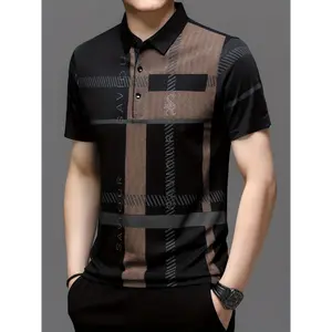 1pc Men'S Summer Casual Polo Shirt - Short Sleeve, Plaid Pattern, Slight Stretch Knit Fabric, Lapel Collar, Button Details, Regular Fit - 50% Polyamide, 45% Viscose, 5% Spandex