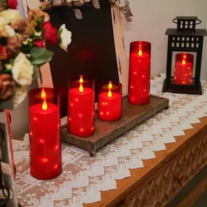 Acrylic Flameless Candles with Embedded Star String Fairy Lights, Battery Operated Candle, LED Candles, Fake Candles with Remote Control and Timer, Red, Set of 5(H4 5" 6" 8" 8") Decor christmas decorations christmas lights