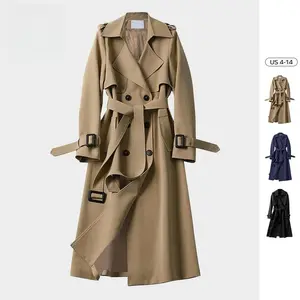 Women's Versatile Solid Color Notch Lapel Double Breasted Detachable Belt Trench Coat, Fall & Winter Wrap Tie Waist Outerwear Jacket, Mid-Length Trench Coat