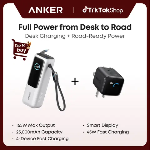 Anker Mobile Accessories Bundle: USB-C Smart Display Charger (Smart Recognition, Built-In Care Mode, 180° Foldable Plug) + 25000mAh Travel Battery Pack (Cool Gadgets, Portable iPhone Charger, Built-In Cables, 4-Device Fast Charging)