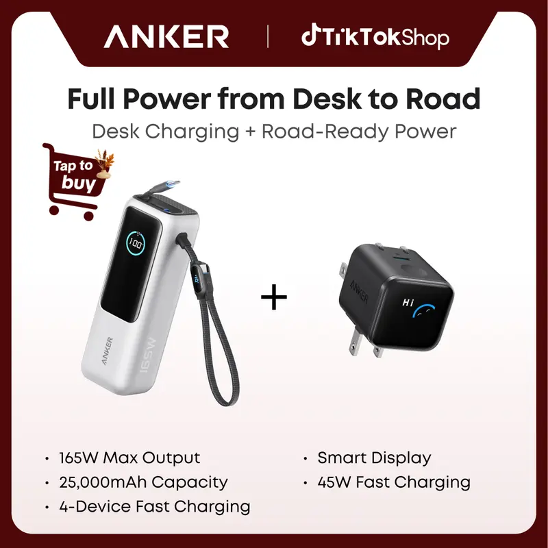 Anker Mobile Accessories Bundle: USB-C Smart Display Charger (Smart Recognition, Built-In Care Mode, 180° Foldable Plug) + 25000mAh Travel Battery Pack (Cool Gadgets, Portable iPhone Charger, Built-In Cables, 4-Device Fast Charging)