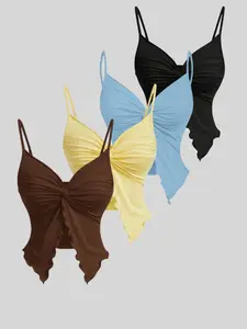 Classic Essential Multi-Color Butterfly Shape Adjustable Spaghetti Strap Set, Thin Fabric Sexy Fitted Sleeveless Summer Top, Women's Casual Versatile Four-Piece, Womenswear