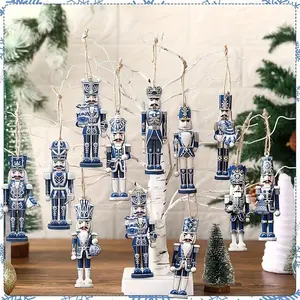 12-Pack Classic Blue and White Porcelain Nutcracker Ornaments, Rustic Wooden Christmas Tree Hanging Decorations, Versatile Holiday Accents for Living Room, Bedroom, Multi-Room Use - Wood Material, Ideal for Christmas, Halloween, Hanukkah, T