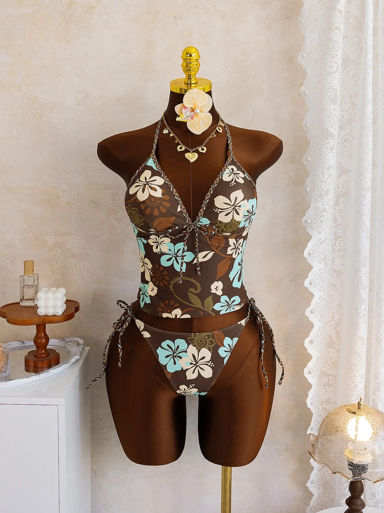 Women's Fashion Flower Print Tankini Set, Tropical Floral Print Two-Piece Swimsuit with Braided Trim, Perfect for Beach Vacation & Pool Party, Summer Tankinis Set, Tankini Swimsuits