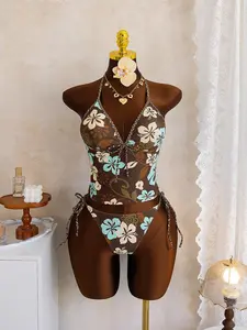 Women's Fashion Tankini Set, Ditsy Floral Print Striped Trim Sexy Two-Piece Swimsuit, Perfect for Beach Vacation, Pool Party, Summer Tankinis Set