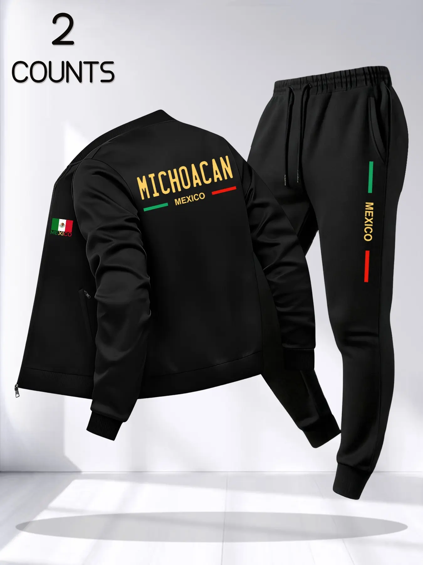 Men's 2-Piece Set, Fall Matching Sets, American Vintage Classic Style, Mexican Michoacan Print, Casual Baseball Neck Long Sleeve Jacket + Drawstring Pockets Pants, Fall & Winter Menswear, Outfit, Clothes
