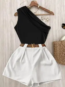 Minimalist Off-Shoulder Sleeveless Top + High-Waisted Wide-Leg Shorts Set, Solid Color Waist-Cinch Slimming Two-Piece, Women Casual Chic Summer Streetwear