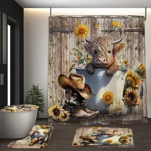 1/4pcs Cow and Sunflower pattern bathroom decoration set, Bathroom Supplies, Aesthetic Bathroom Decor, non-slip floor mat, U-shaped carpet, toilet lid cover, free 12 shower curtain hooks