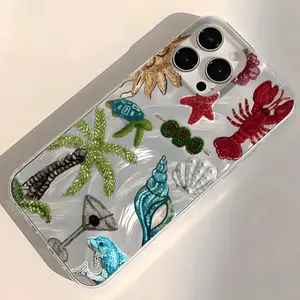 Ocean Element Fashion Tpu Phone Case, Feather and Pearl Embroidered Crab Pattern, Anti-Drop, Suitable for iPhone 16/15/14/13/12/11 Pro Max