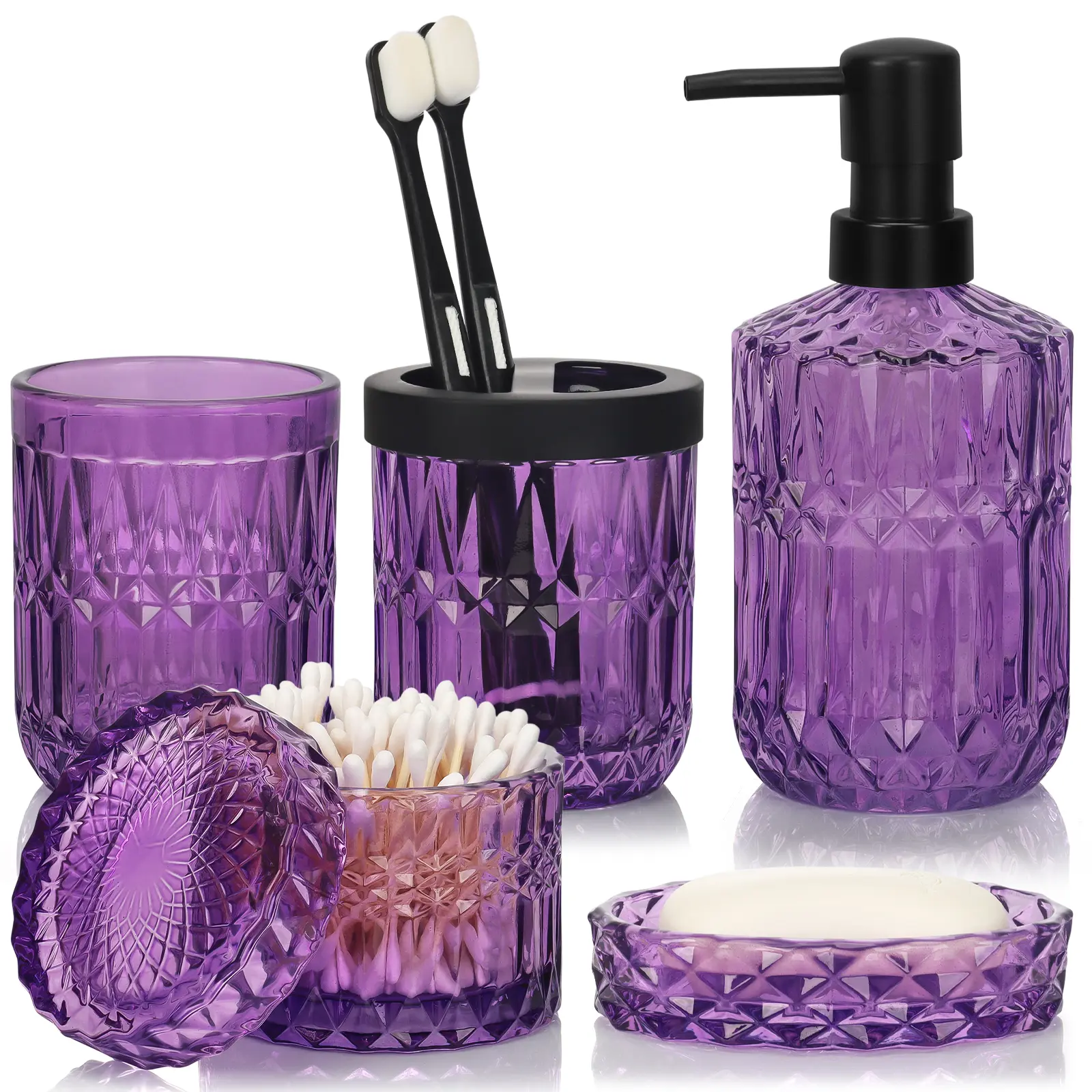 Bathroom Accessories Set, 5 Pack Bathroom Soap Dispenser Set, Glass Bathroom Accessories with Glass Soap Dispenser, Soap Dish, Toothbrush Holder, Tumbler, Cotton Swab Jar