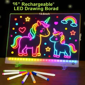16” Rechargeable LED Drawing Board with 11 Light Modes, Light-Up Acrylic Message Board & DIY Night Light, Includes 8 Line Art Sheets, Stand & Hanging Chain, Neon Dry Erase Board for Kids, Dorm, Office & Store Display