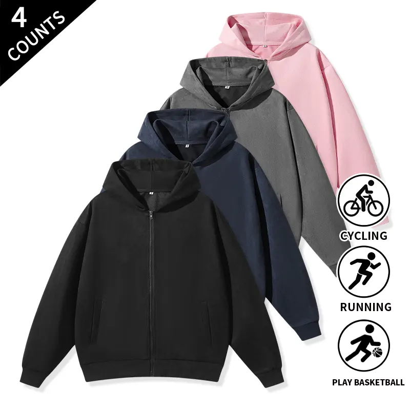 Men’s Full-Zip Hoodie 4-Pack, Long-Sleeve Zip Hooded Sweatshirts with Pockets, Casual Loose-Fit Athletic Jackets/Tops for Men