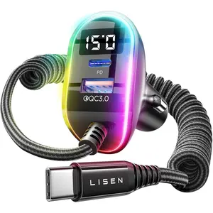 96W car charger USB C multi port fast charge USB C car charger adapter PD & QC with 5.3ft type C cable for iPhone 15 car charger compatible with iPhone 15 Pro Max/Plus/14/13/12