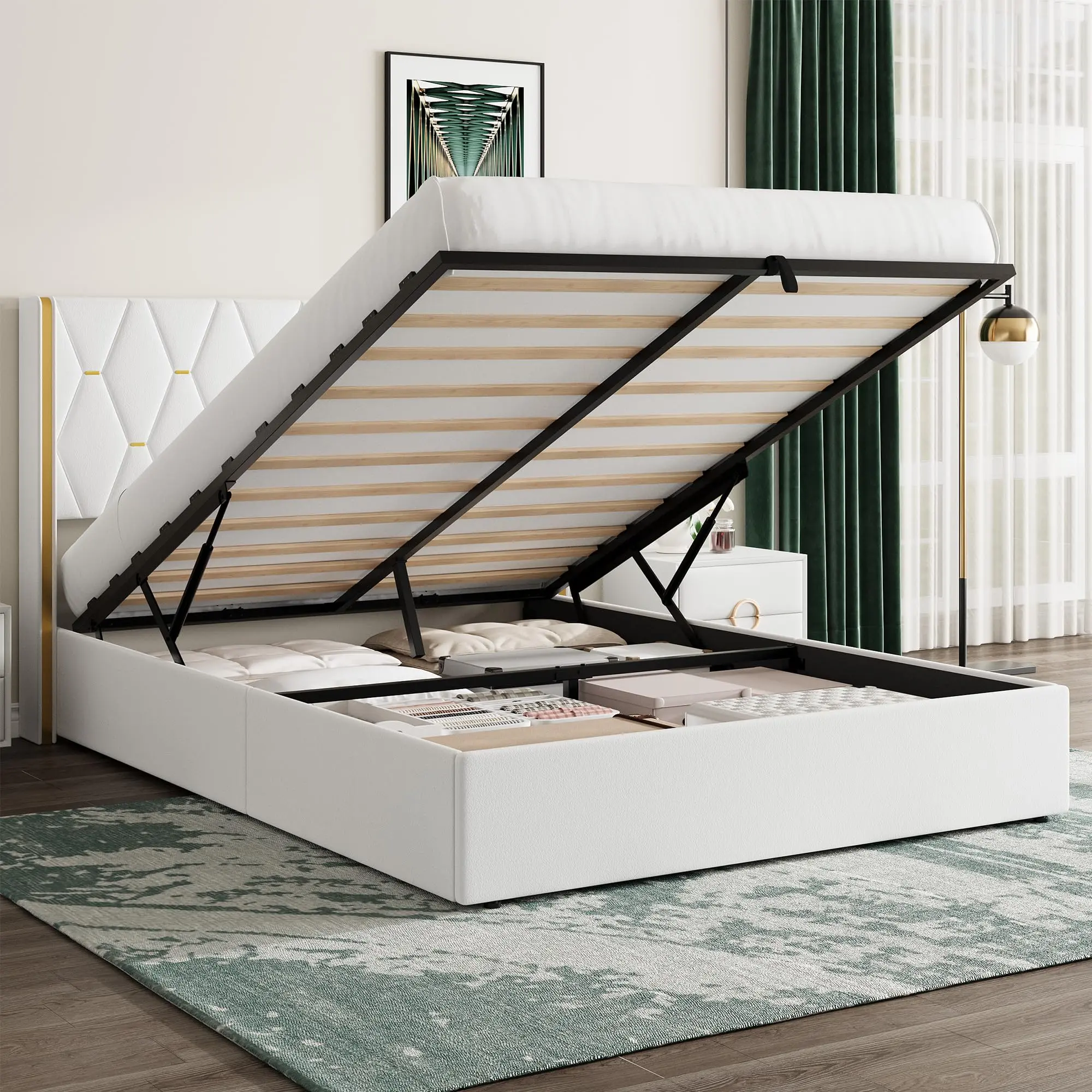 Garvee  Storage Bed Full with Upholstered Wingback Headboard, Modern Full Size Hydraulic Bed Frame with Strong Wood Slats Support, No Box Spring Needed, Easy Assembly, White