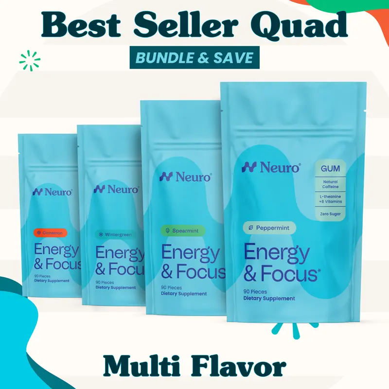 Best Seller Quad - Energy & Focus Caffeine Gum - Multi Flavor (4-Bulk Pouches)
