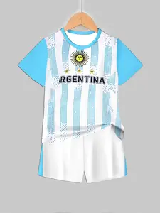 Boys' Argentina Football Set, Team Logo Three Stars Short Sleeve Top & Shorts, Summer Casual Sportswear, Kids Fashion, Sports Jersey