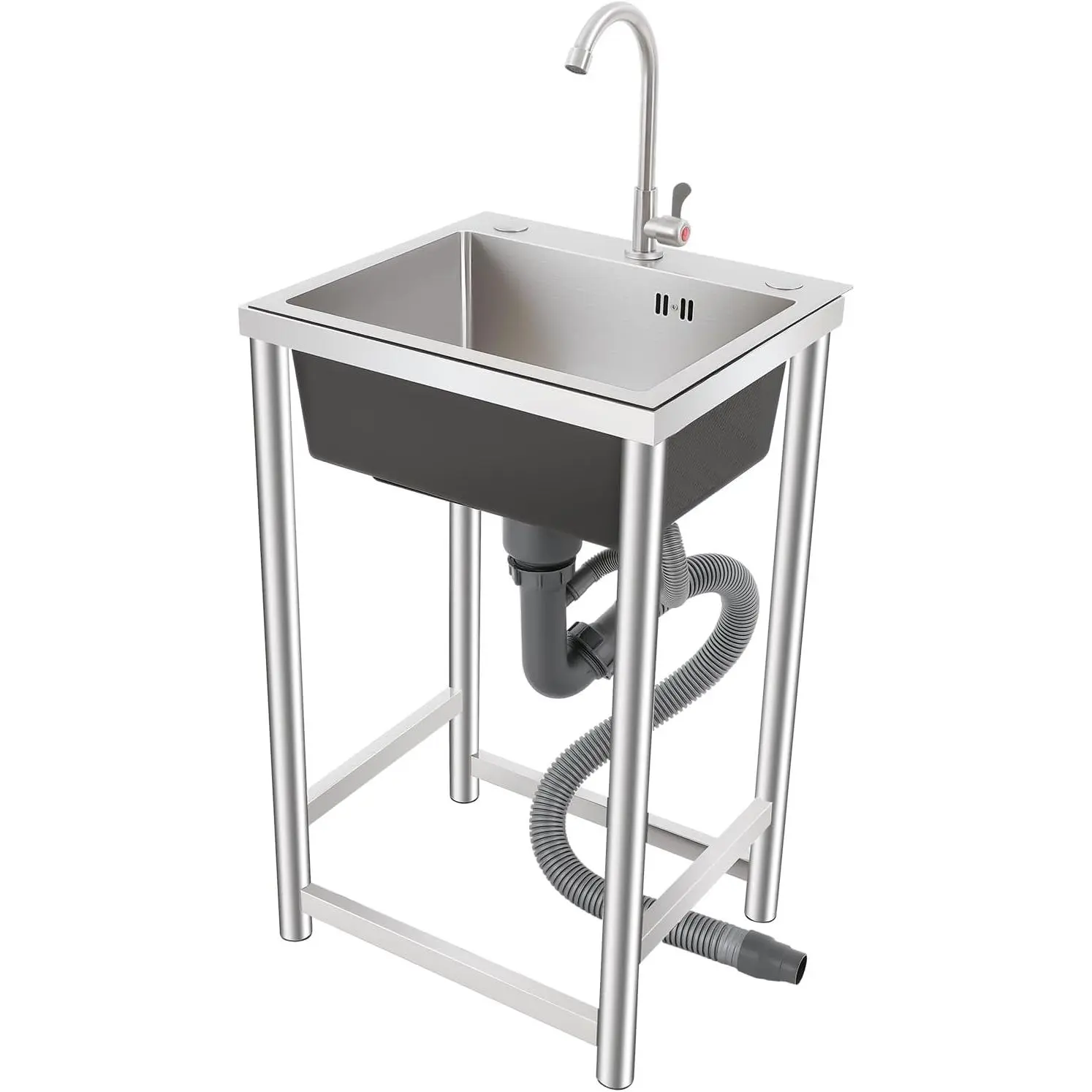 Stainless Steel Single-Bowl Kitchen Sink - Freestanding, Portable, Easy to Clean, Stain-Resistant, Water-Saving, Noise-Reducing with 360° Swivel Faucet, Strainer Basket, Kitchen Counter Fixtures for Home Laundry Rooms, Commercial Use (Simple Installation)
