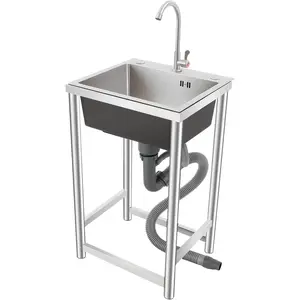 Practical freestanding stainless steel single-bowl kitchen sink with 360° swivel faucet and strainer basket. Portable design. Ideal for home laundry rooms, garages, and commercial settings Easy to Clean / Stain-resistant Water-saving Noise Reducing