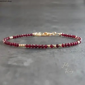 Natural Red Stone Bracelet 2mm Red Crystal Dainty Bracelet Delicate Faceted Gemstone Beaded Bracelet Anklet Minimalist Style for Women Handmade Valentine's Day Gift,Perfect for Everyday Wear & Stacking