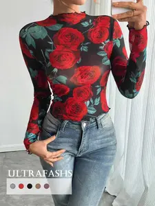 Women's High Neck Leopard Print Floral Long Sleeve Lightweight Mesh Top, Sexy Slim Fit T-Shirt, Fashion New Nightclub Style, Bar Party, Womenswear