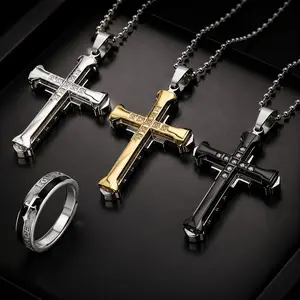 Men's 2-Piece Titanium Steel Jewelry Set - Geometric Zirconia Cross Emblem Necklace, Matching Ring, Durable, Anti-Allergy, Nickel-Free Classic Daily Accessory, Ideal Holiday Gift, Cross Emblem Necklaces