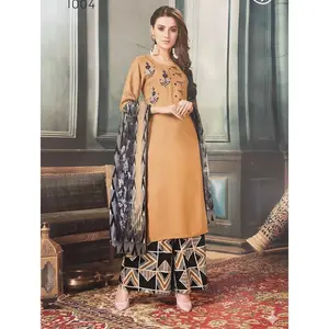 #PL3-6 chic camel-colored Kurta  with floral embroidery and button detailing + Wide‑leg palazzo pants with bold black–tan geometric printPalazzo Set