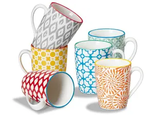 ONEMORE coffee cup set 12oz, 6pcs with handle, porcelain mug, suitable for latte, microwave and dishwasher, unisex (color random)