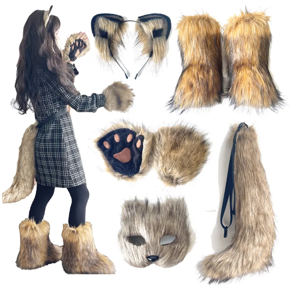 Women's 5-Piece Wolf Costume Set with Soft, Thick Faux Fur - Comfortable Therian Cosplay Accessories with Boots, Tail, Mask, Paws & Cat Ears, Plush, Straps