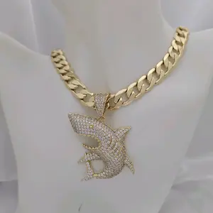 Gold Cuban Link Chain with Shark Pendant 226 & Dije 447 Hip Hop Jewelry