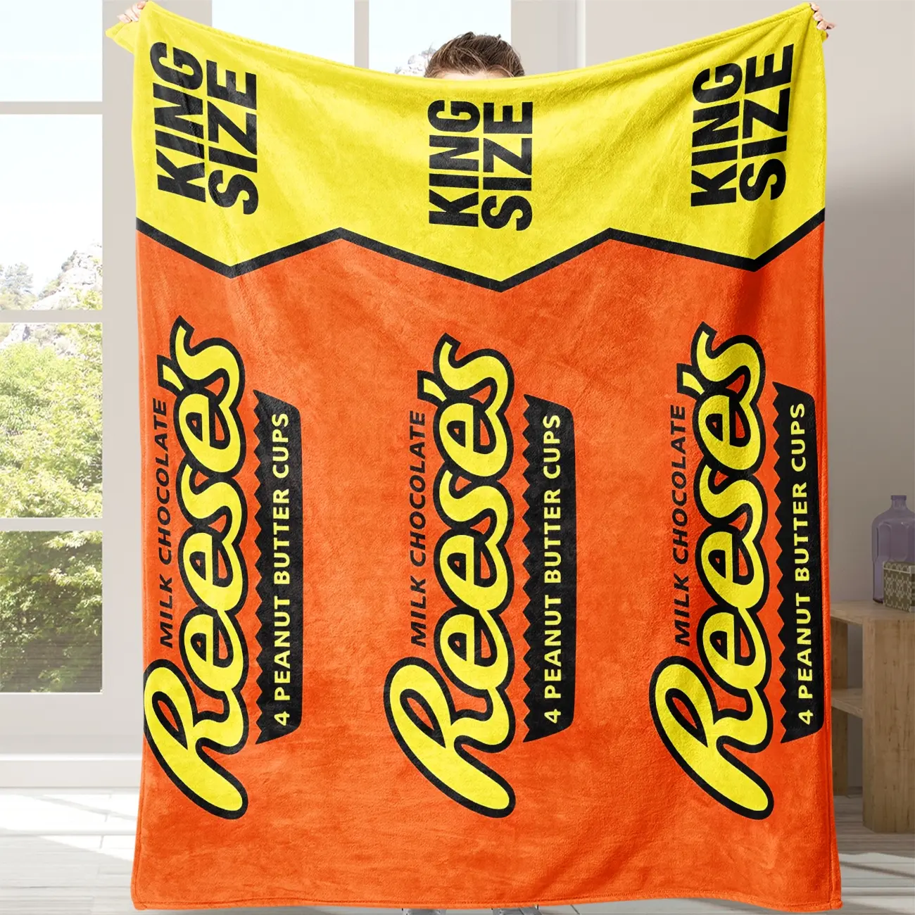 1pc Reese's Peanut Butter Chocolate Blanket, Food Themed Blanket, Soft Flannel Throw for Sofa Bed Couch, Warm Comfortable Lightweight Blanket for Home Office Travel Camping, Soft Throws Blanket, Cozy Flannel Blanket