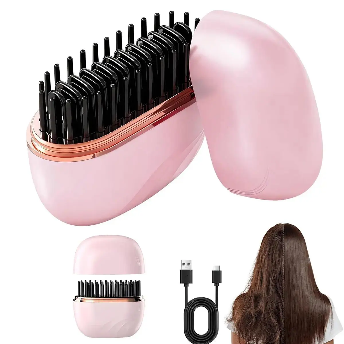2-in-1 Portable Anti-Frizz Hair Straightening Brush Pink Rechargeable 3-Speed Temp Travel Home Hair Styling Tool