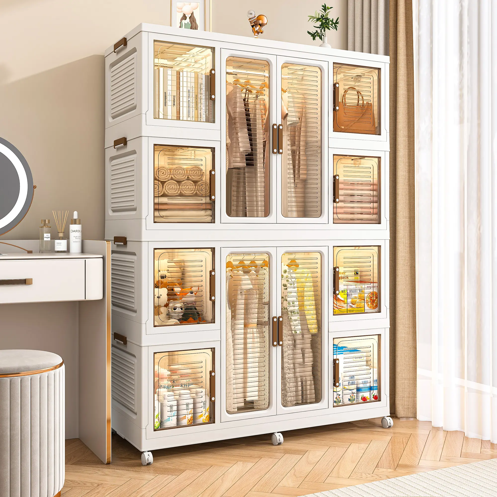 OPUL Portable Wardrobe Closet Storage Organizer for Clothes, Clothes Dresser, Large Capacity Wardrobe Closet, 12 Magnetic Doors-12 Cubes & 2 Hanging Rod, 16 pcs hangers, Baby Wardrobe Storage Cabinet, Easy to Assembly, White