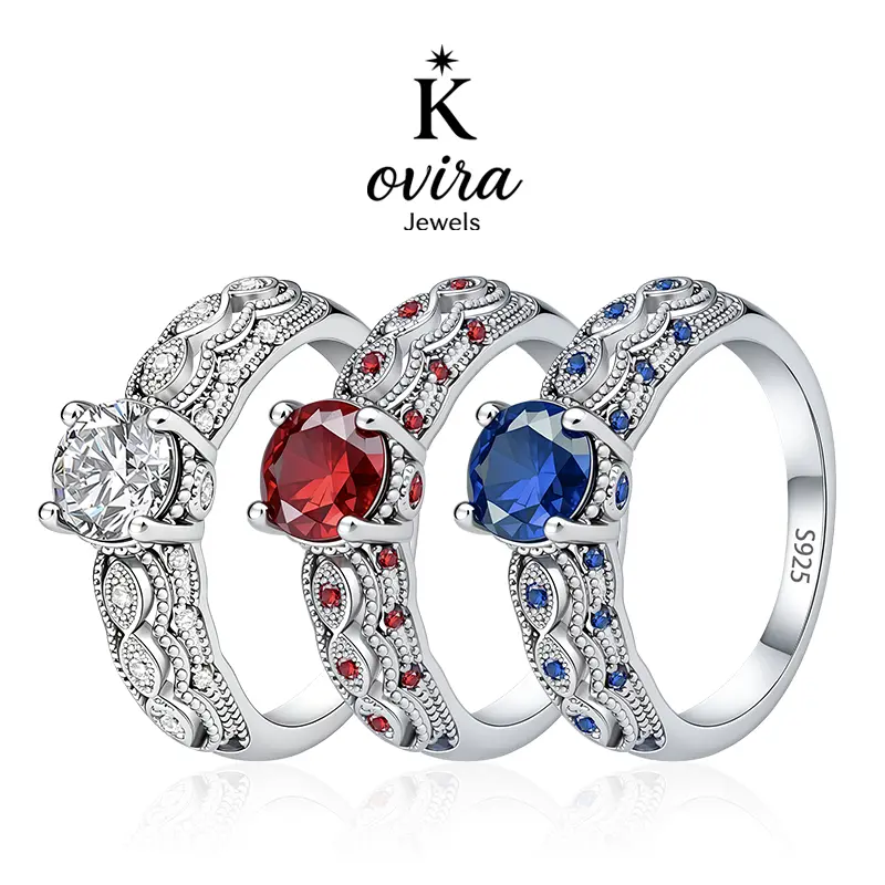 Kovira S925 Sterling Silver Vintage Filigree Birthstone Artificial Zircon Rings for Womens - Blue, Clear, Red Stones, Engagement, Bestie Matching Set, Gift Ideas, Vintage Rings Jewelry