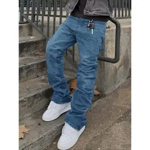 Men’s horn-effect washed retro blue stretch denim jeans with an elastic patch, slim fit, Korean high-street style—casual for all seasons