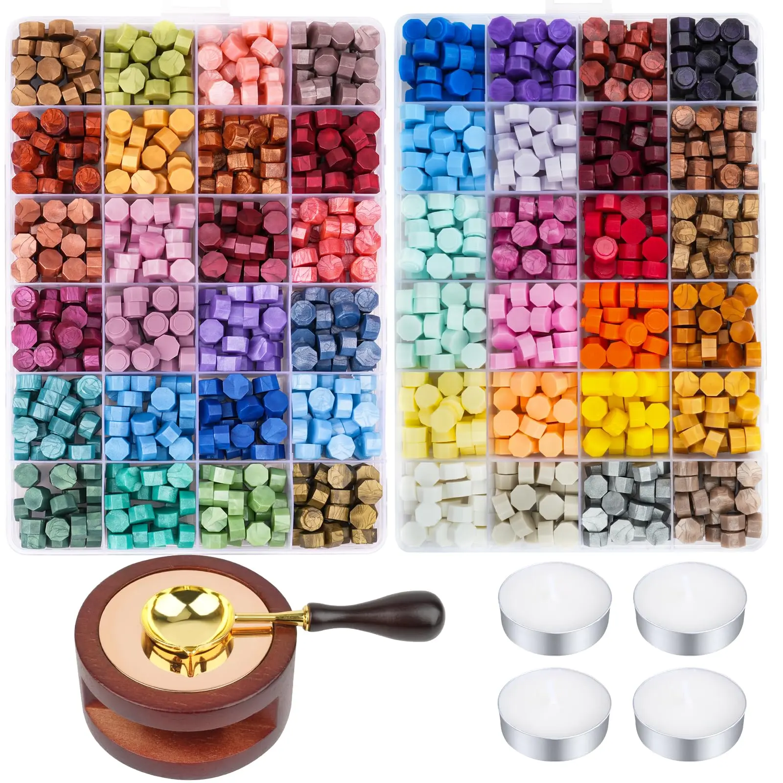 Retro Odorless Eco-Friendly Resin Wax Seal Kit (1248 Pcs) - Seal Maker with 48 Different Colors Multi-Colors Sealing Beads, Melting Pot, Spoon, Tea Light Candles for Father's Day, Office Stationery to Create Unique Envelope Designs, Vintage
