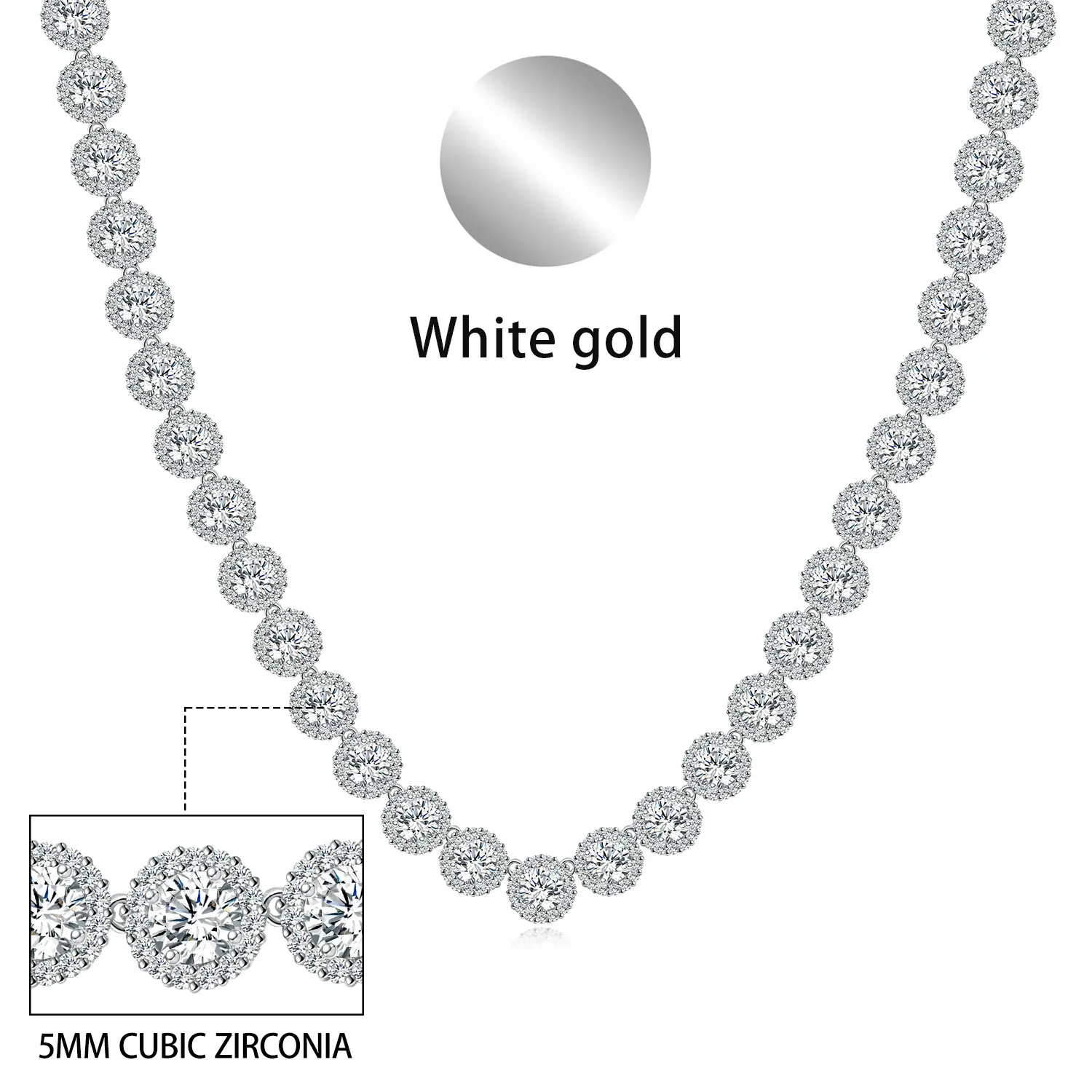 Gemsme 5MM Round Halo Tennis Chain Necklace, Hip Hop Style Copper Chain with CZ Stones, Unisex Fit for Casual Wear, Tennis Chain Necklaces