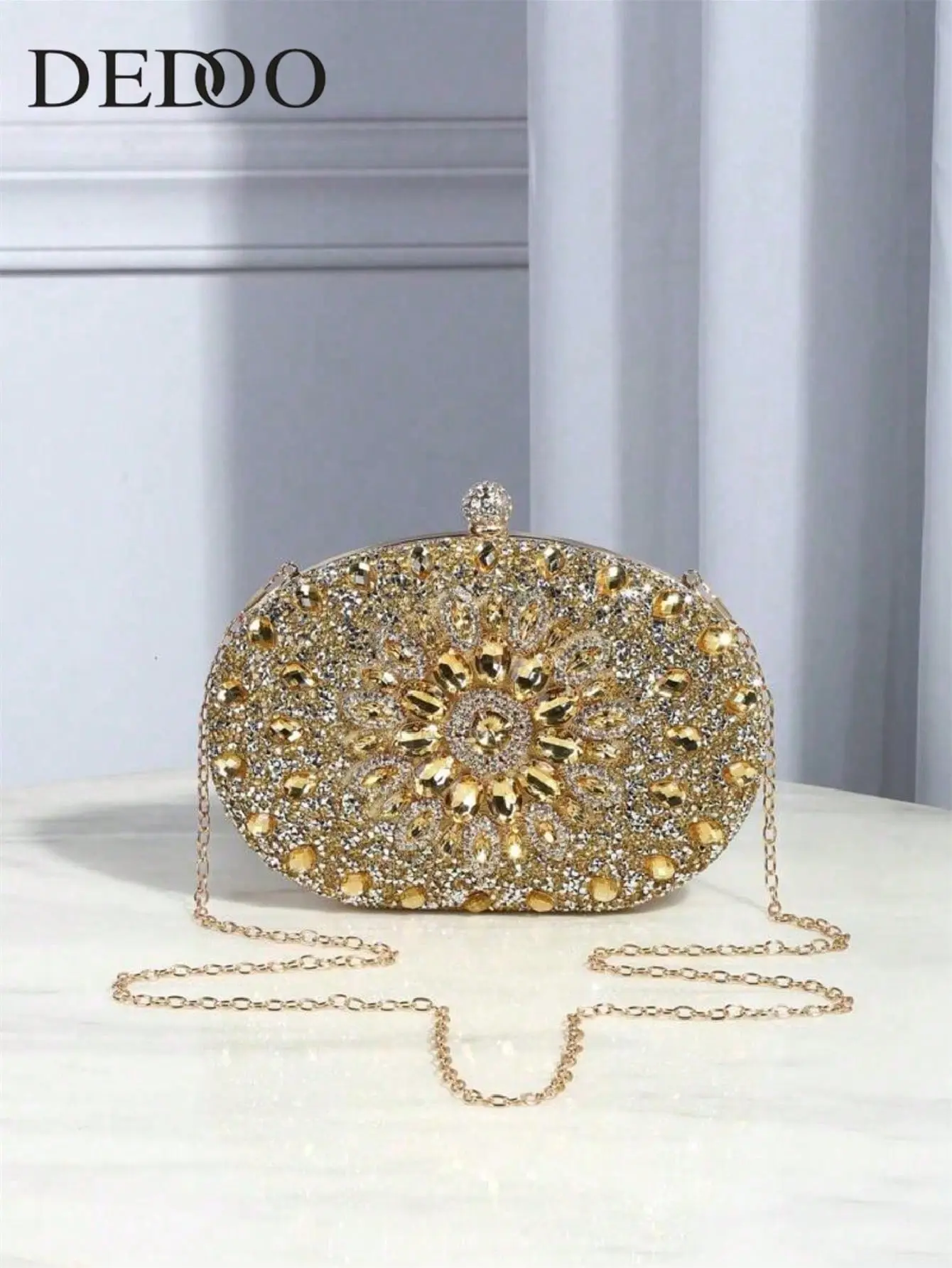 New Sunflower Diamond Buckle Fashion Dinner Bag Party Evening Purse, Sparkling Full Rhinestone Oval Hard Shell Clutch Bag, Bridal clutch, Detachable Chain Strap Elegant Formal Handbag for Banquet, Prom & Special Occasions