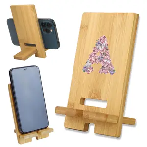 Natural Bamboo Phone Stand | Detachable Mobile Holder Smartphone Phone Holder - Aesthetic A-Z Letters & Rose Flower Pattern | Perfect for Office Desk or Home Decor | Ideal Gift for Family & Friends | Adjustable Angles & Easy-to-Assemble Design