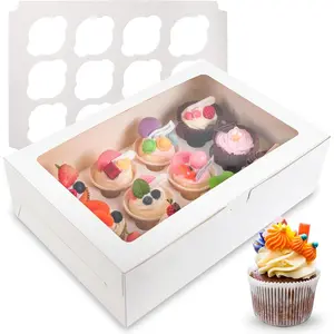 6-Pack Cupcake Boxes, 12-Count Cupcake Containers with Window and Cardboard, Food-Grade Cupcake Carriers for Muffins, Cupcakes, and Desserts (White, 13.8 × 9.5 × 4 in)