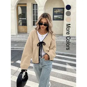 Women's Tie Front Long Sleeve Cardigan, Casual Open Front Outerwear for Daily Wear, Ladies Knit Clothing for Spring & Fall