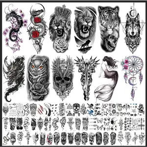 72 Sheets Temporary Tatoo 12 Large and 60 Medium-sizedsheets Black Arm Temporary Tattoos For MenForearm WomenThigh, Half Sleeve Temporary Tattoos,Halloween Tattoos Scary Lion Wolf Tiger Skull SkeletonTattoos Stickers