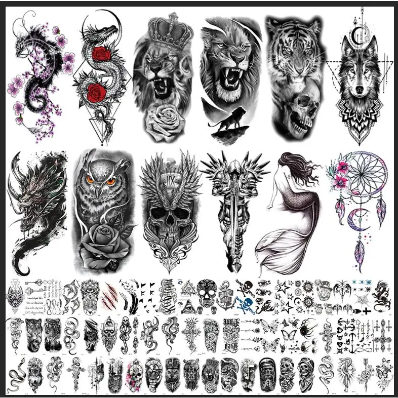 72 Sheets Temporary Tatoo 12 Large and 60 Medium-sizedsheets Black Arm Temporary Tattoos For MenForearm WomenThigh, Half Sleeve Temporary Tattoos,Halloween Tattoos Scary Lion Wolf Tiger Skull SkeletonTattoos Stickers