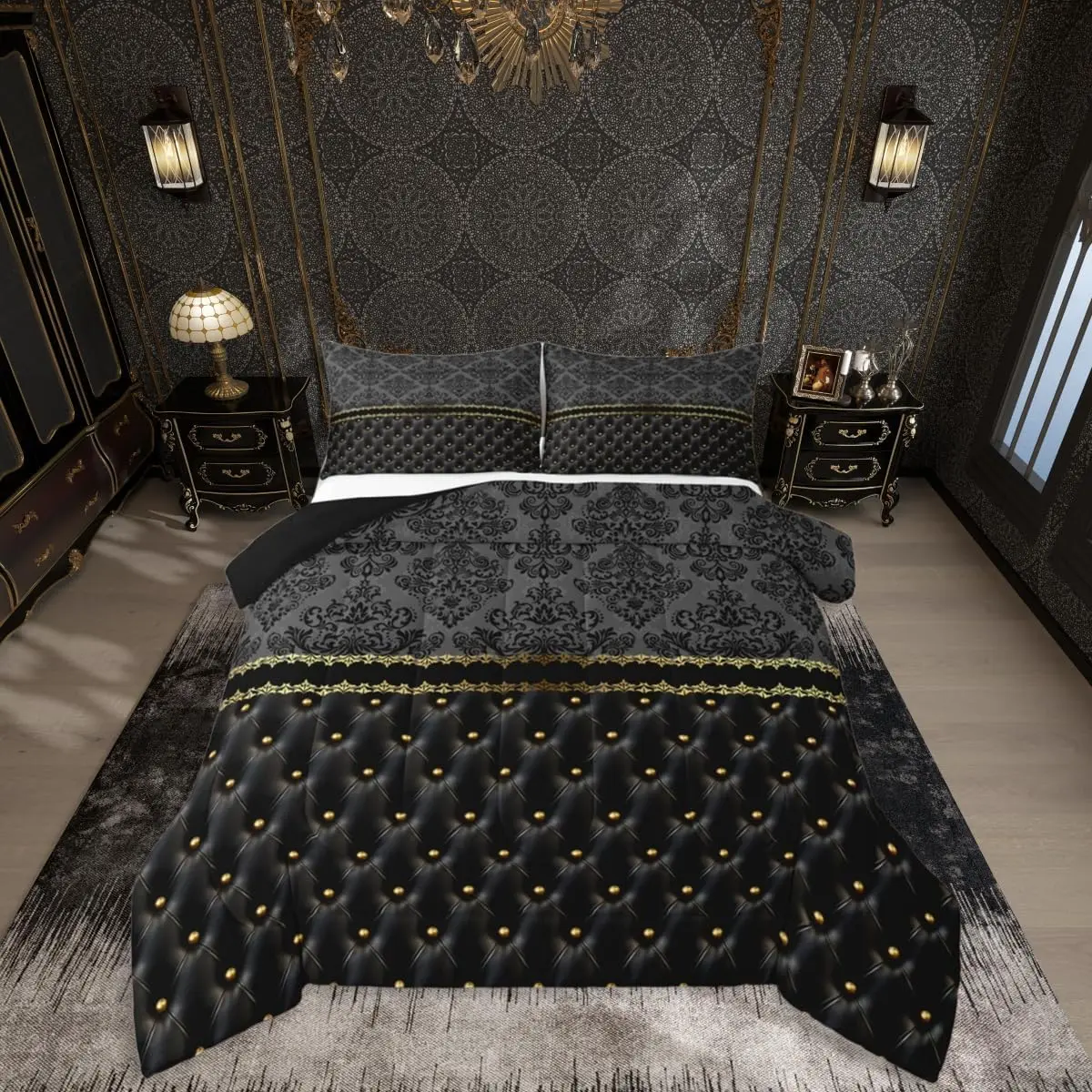 Black and Gold Damask Adults Comforter Set Gothic Antique Victorian Baroque Bedding Set Jacquard Bedclothes Bohemian Exotic Vintage Floral Bedroom Decor Duvet Quilt